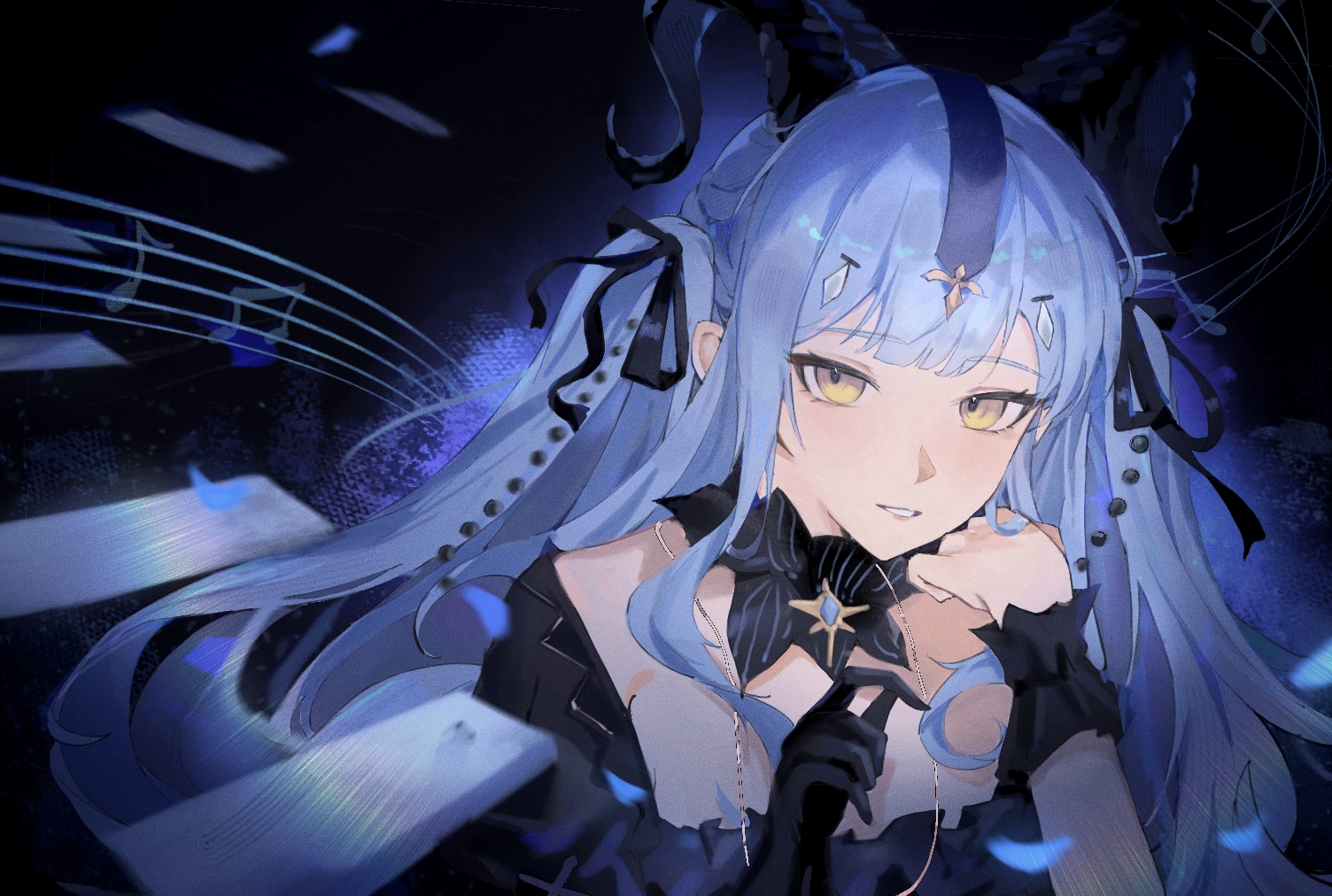 drone (drone 37), togawa sakiko, arknights, bang dream!, bang dream! it's mygo!!!!!, 1girl, black background, black gloves, black horns, black ribbon, blue hair, blunt bangs, curled horns, detached collar, falling petals, gloves, hair ribbon, horns, long hair, looking at viewer, musical staff, petals, ribbon, sidelocks, single glove, smile, solo, togawa sakiko (master of melodia), two side up, upper body, wrist cuffs, yellow eyes