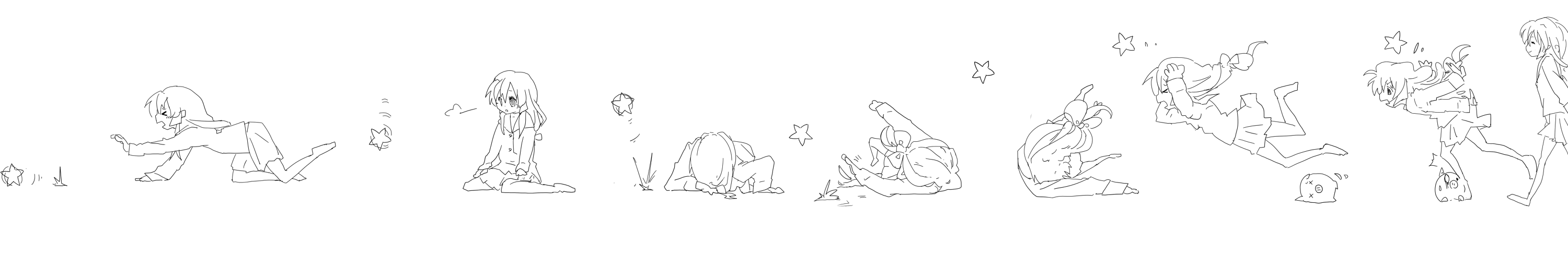 garuan, botan (clannad), ibuki fuuko, clannad, bad id, bad pixiv id, highres, long image, wide image, 00s, boar, falling, greyscale, lineart, monochrome, pig, sequential, sitting, star (symbol), tripping