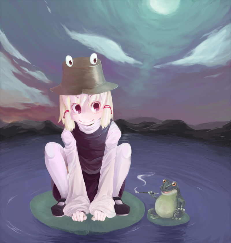 sacha, moriya suwako, touhou, 1girl, blonde hair, female focus, frog, hat, kiseru, lily pad, moon, night, pale skin, smoking, smoking pipe, solo, thighhighs