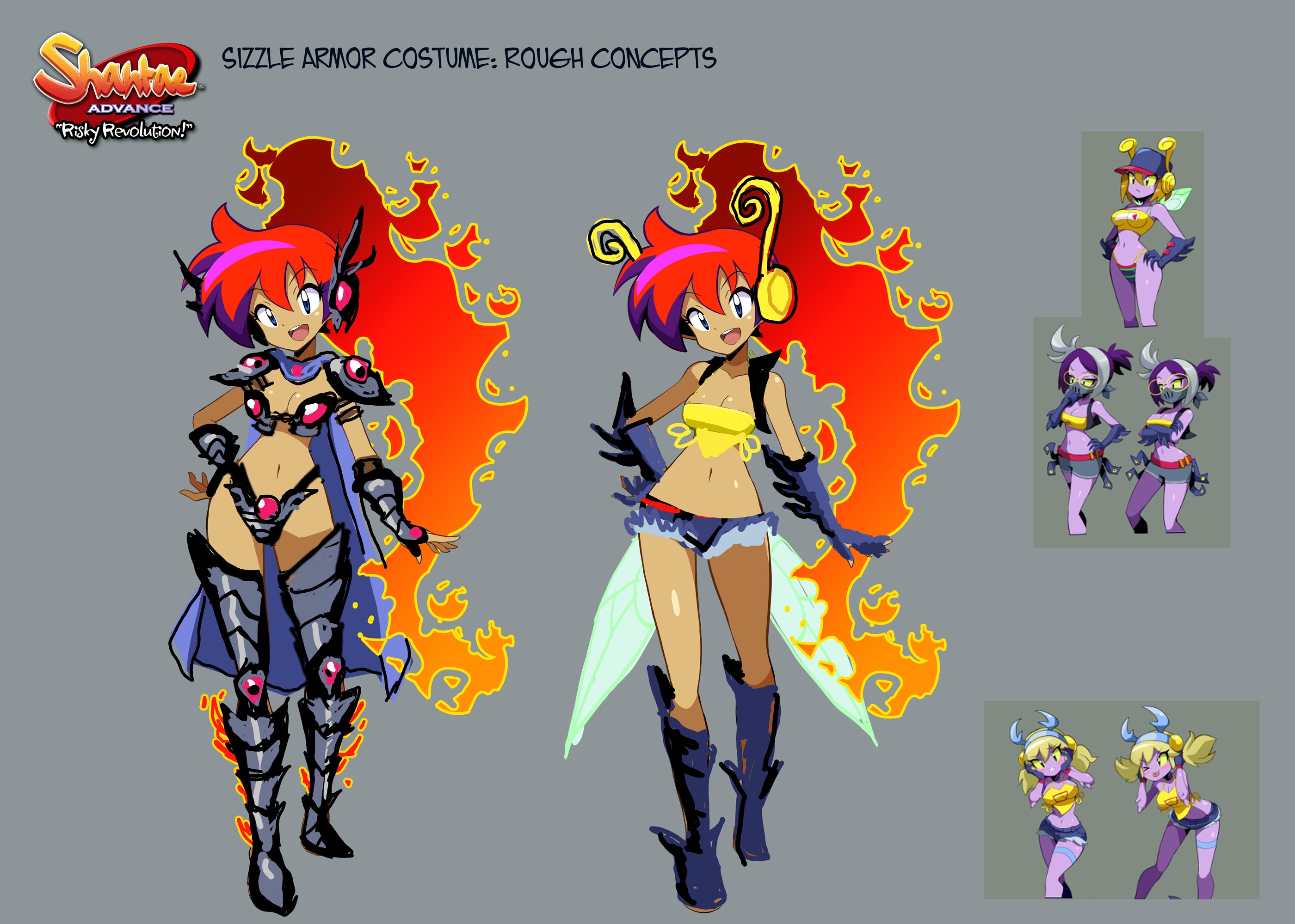 sakurajyousui nami, shantae, shantae (sizzle armor), shantae (series), shantae advance: risky revolution, wayforward, concept art, highres, official art, promotional art, 1girl, alternate costume, armor, bare legs, belt, bikini armor, blue eyes, boots, bra, breasts, cape, cleavage, curvy, dark skin, denim, denim shorts, fairy, fairy wings, fiery hair, fire, full body, gauntlets, gem, genie, gradient hair, grey background, health bar, heart, jewelry, large breasts, logo, long hair, looking at viewer, multicolored hair, navel, official alternate costume, open hands, open mouth, pointy ears, purple hair, red hair, reference sheet, revealing clothes, shiny skin, shorts, shoulder armor, smile, teeth, underwear, very long hair, wide hips, wings