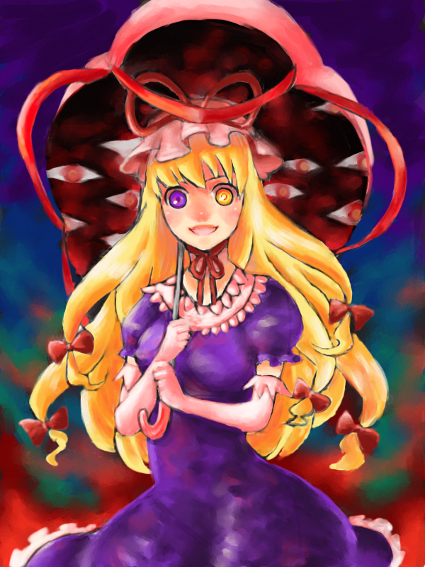 takanashi minato, yakumo yukari, touhou, 1girl, blonde hair, dress, elbow gloves, female focus, gap (touhou), gloves, gradient background, hair ribbon, hat, heterochromia, long hair, parasol, ribbon, solo, umbrella