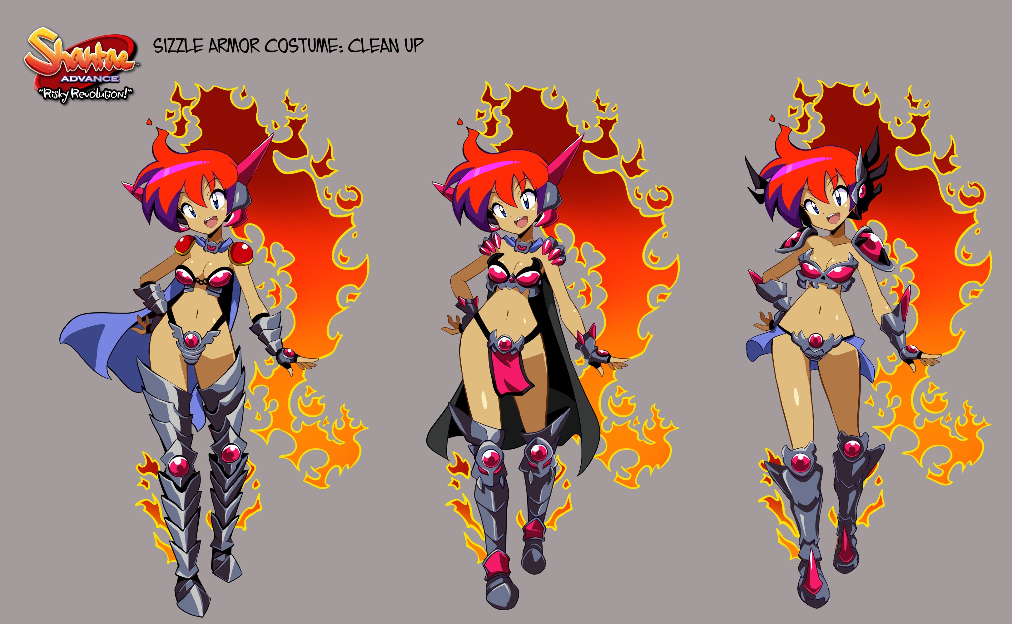 sakurajyousui nami, shantae, shantae (sizzle armor), shantae (series), shantae advance: risky revolution, wayforward, concept art, highres, official art, promotional art, 1girl, alternate costume, armor, bare legs, belt, bikini armor, blue eyes, boots, bra, breasts, cape, cleavage, curvy, dark skin, fiery hair, fire, full body, gauntlets, gem, genie, gradient hair, grey background, health bar, heart, jewelry, large breasts, logo, long hair, looking at viewer, multicolored hair, navel, official alternate costume, open hands, open mouth, pointy ears, purple hair, red hair, reference sheet, revealing clothes, shiny skin, shoulder armor, smile, teeth, underwear, very long hair, wide hips