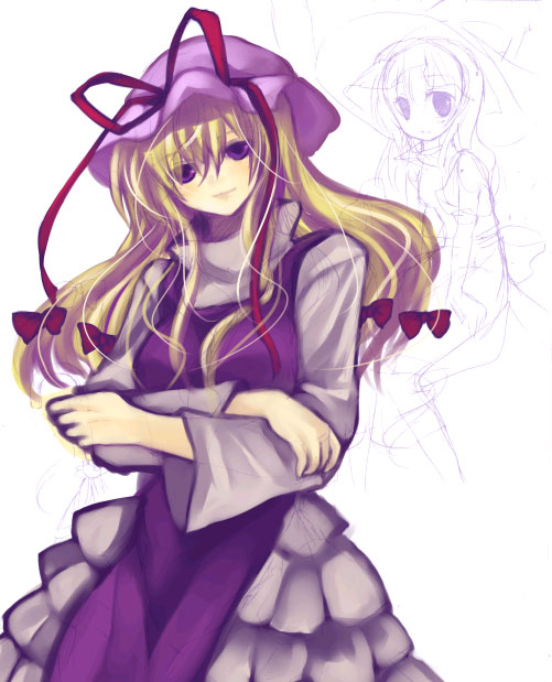 haneko, yakumo yukari, touhou, 1girl, cowboy shot, crossed arms, dress, expressionless, female focus, haneneko, hat, hat ribbon, head tilt, layered dress, long sleeves, looking at viewer, mob cap, purple eyes, red ribbon, ribbon, simple background, solo, tabard, white background, white dress
