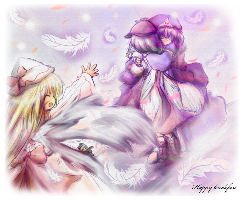 lily black, lily white, mystia lorelei, saigyouji yuyuko, touhou, 4girls, dual persona, feathers, female focus, hug, multiple girls