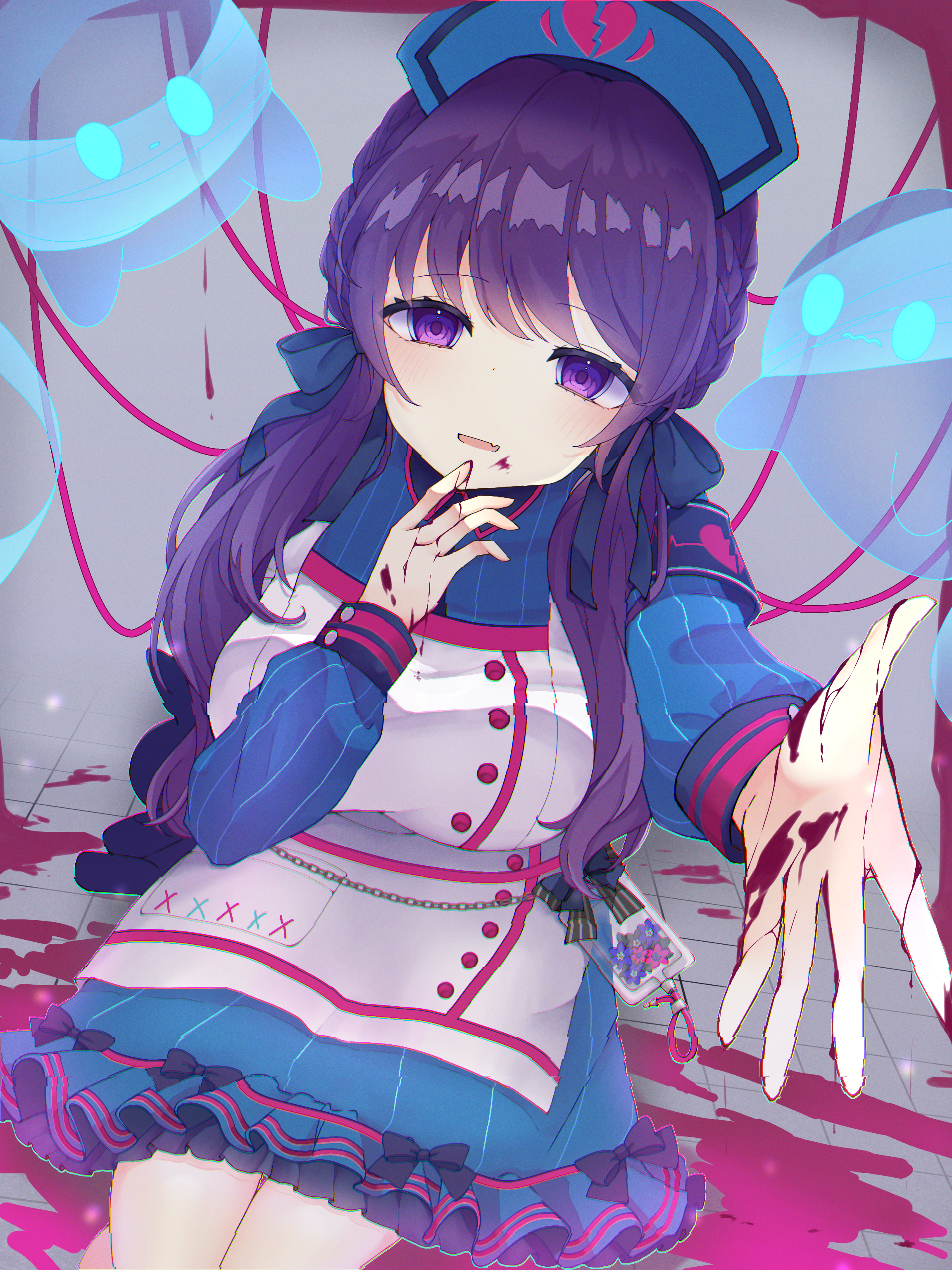 asahina mafuyu, project sekai, absurdres, highres, apron, armband, blood, blood on face, blood on ground, blood on hands, bow, breasts, broken heart, collared dress, dress, dress bow, fang, frilled dress, frills, ghost, hair bow, hat, heart, intravenous drip, large breasts, long hair, long sleeves, low twintails, nurse cap, official alternate costume, official alternate hairstyle, outstretched hand, puffy long sleeves, puffy sleeves, purple eyes, purple hair, reaching, reaching towards viewer, sitting, skin fang, striped clothes, striped dress, suzu mimi0815, twintails, vertical-striped clothes, vertical-striped dress, wonderhorror~!? na kimodameshi! (project sekai), yami kawaii