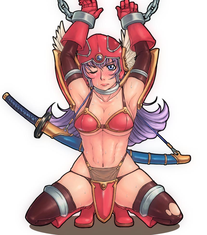 misonou hirokichi, warrior (dq3), chunsoft, dragon quest, dragon quest iii, enix, square enix, 1girl, abs, armor, armpits, bdsm, bikini armor, blush, bondage, bound, bra, chain, cuffs, elbow gloves, female focus, gloves, helmet, katana, kneeling, lingerie, panties, red armor, shackles, solo, squatting, sweat, sword, thighhighs, torn clothes, torn thighhighs, underwear, weapon