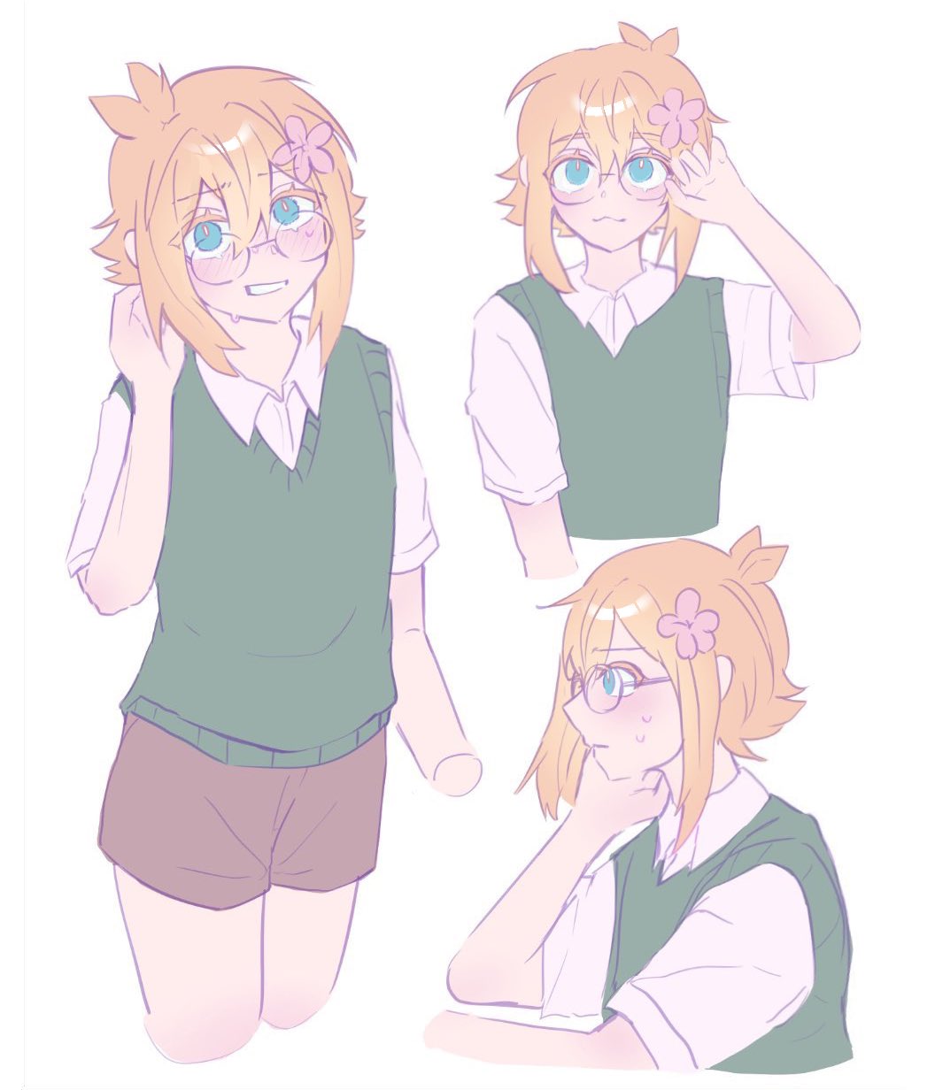 ch0b1n1, basil (faraway) (omori), basil (omori), omori, highres, 1boy, adjusting eyewear, antenna hair, arm up, bespectacled, blonde hair, blue eyes, blush, closed mouth, collared shirt, double-parted bangs, flower, glasses, green sweater vest, hair flower, hair ornament, looking at viewer, male focus, parted lips, round eyewear, shirt, short hair, short sleeves, simple background, smile, solo, sweat, sweater vest, white background, white shirt