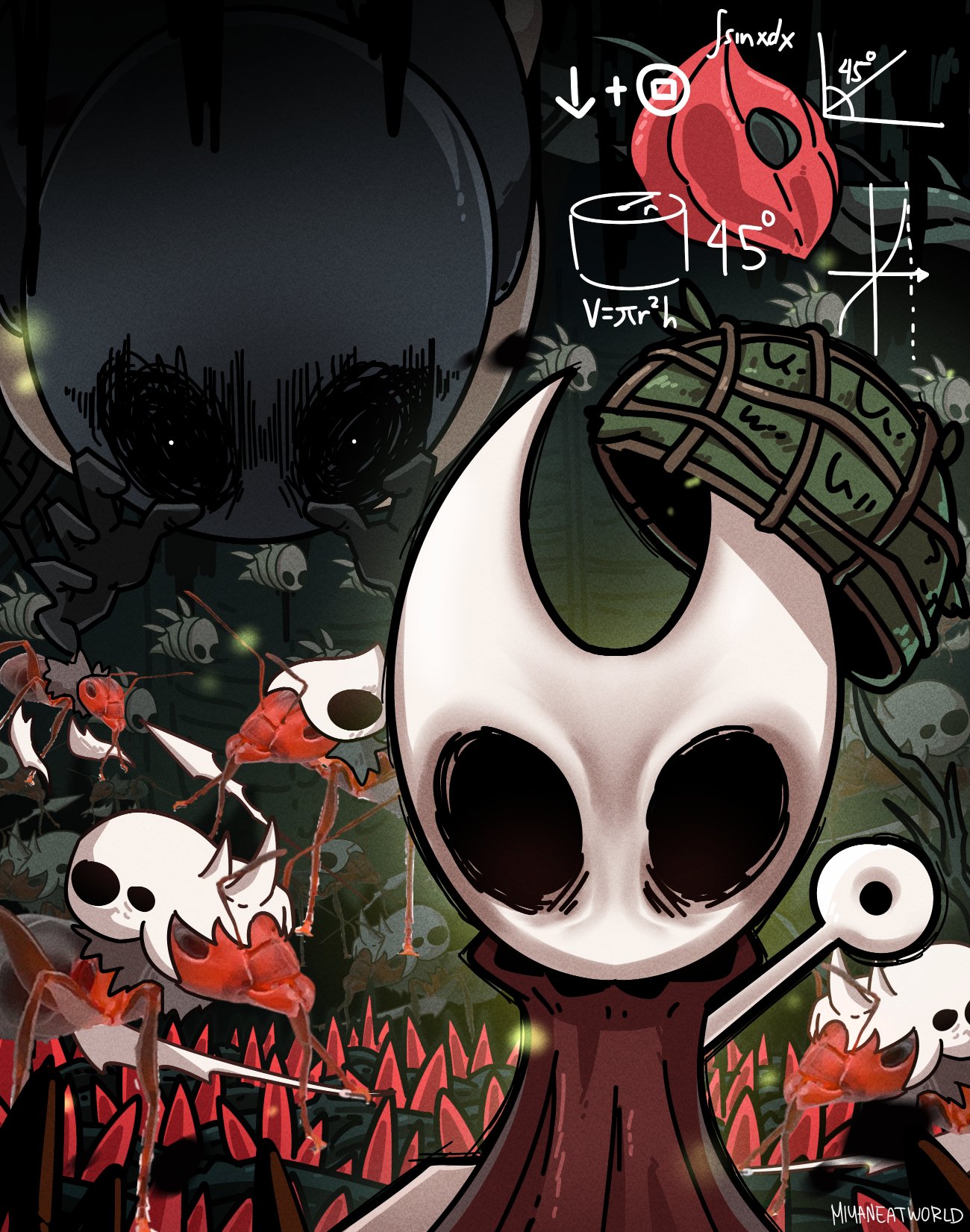 miyan (oceanmaiden), hornet (hollow knight), hollow knight, hollow knight: silksong, the two-thousand yard stare, highres, 1girl, ant, arrow (symbol), arthropod girl, artist name, bug, forest, geometry, helmet, insect, looking at viewer, math, nature, needle (hollow knight), needle sword, thorns, thousand yard stare