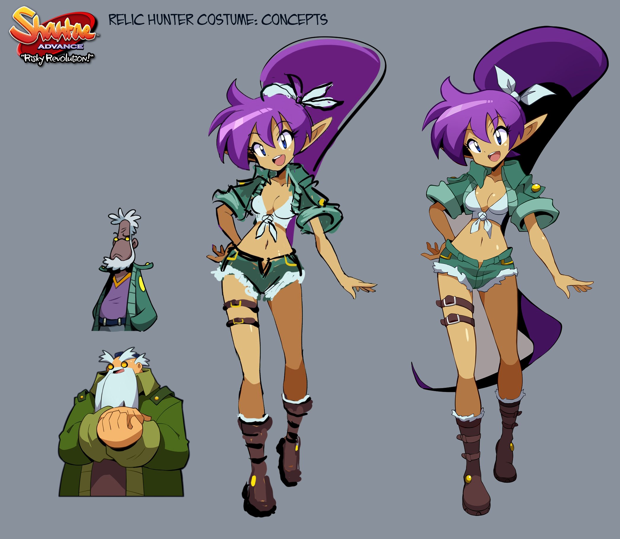 sakurajyousui nami, shantae, shantae (relic hunter), shantae (series), shantae advance: risky revolution, concept art, official art, 1girl, 2boys, alternate costume, blue eyes, bra, breasts, cleavage, curvy, dark-skinned female, dark skin, denim, denim shorts, earrings, grey background, hand on own hip, high ponytail, impossible hair, jacket, jewelry, long hair, lowleg, lowleg pants, midriff, multiple boys, multiple views, navel, no bra, open clothes, open jacket, open mouth, pants, pointy ears, ponytail, purple hair, revealing clothes, shiny skin, shoes, short shorts, shorts, simple background, sketch, sneakers, solo, underwear, very long hair, wide hips