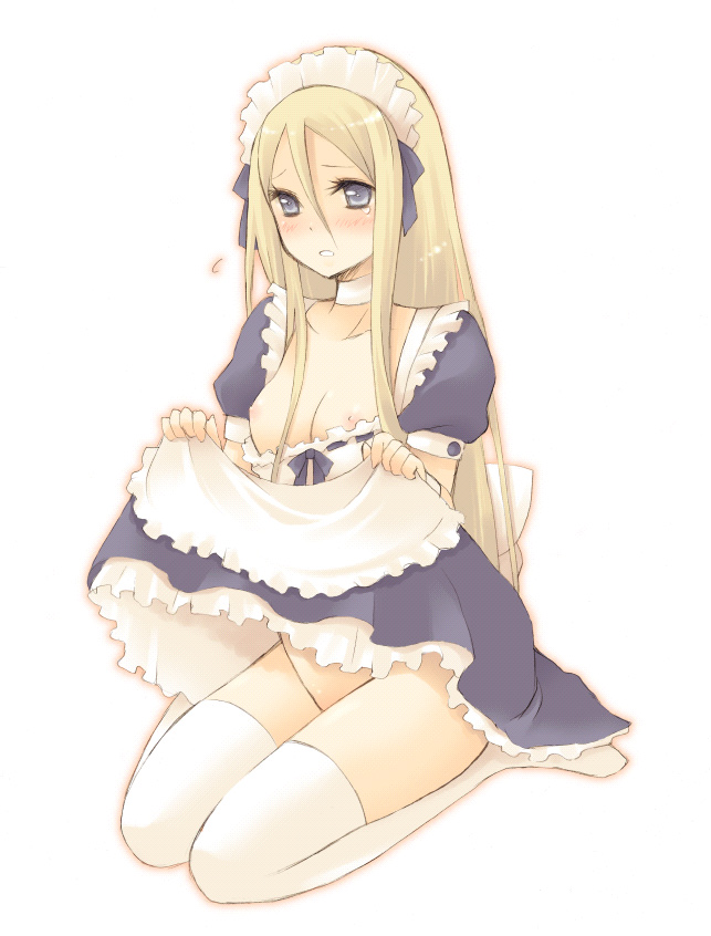 pocopoco, yuma (claymore), claymore (series), 00s, 1girl, blonde hair, blush, bonnet, bottomless, bow, breasts, choker, clothes lift, female focus, frills, grey eyes, kneeling, long hair, maid, skirt, skirt lift, small breasts, solo, tears, thighhighs