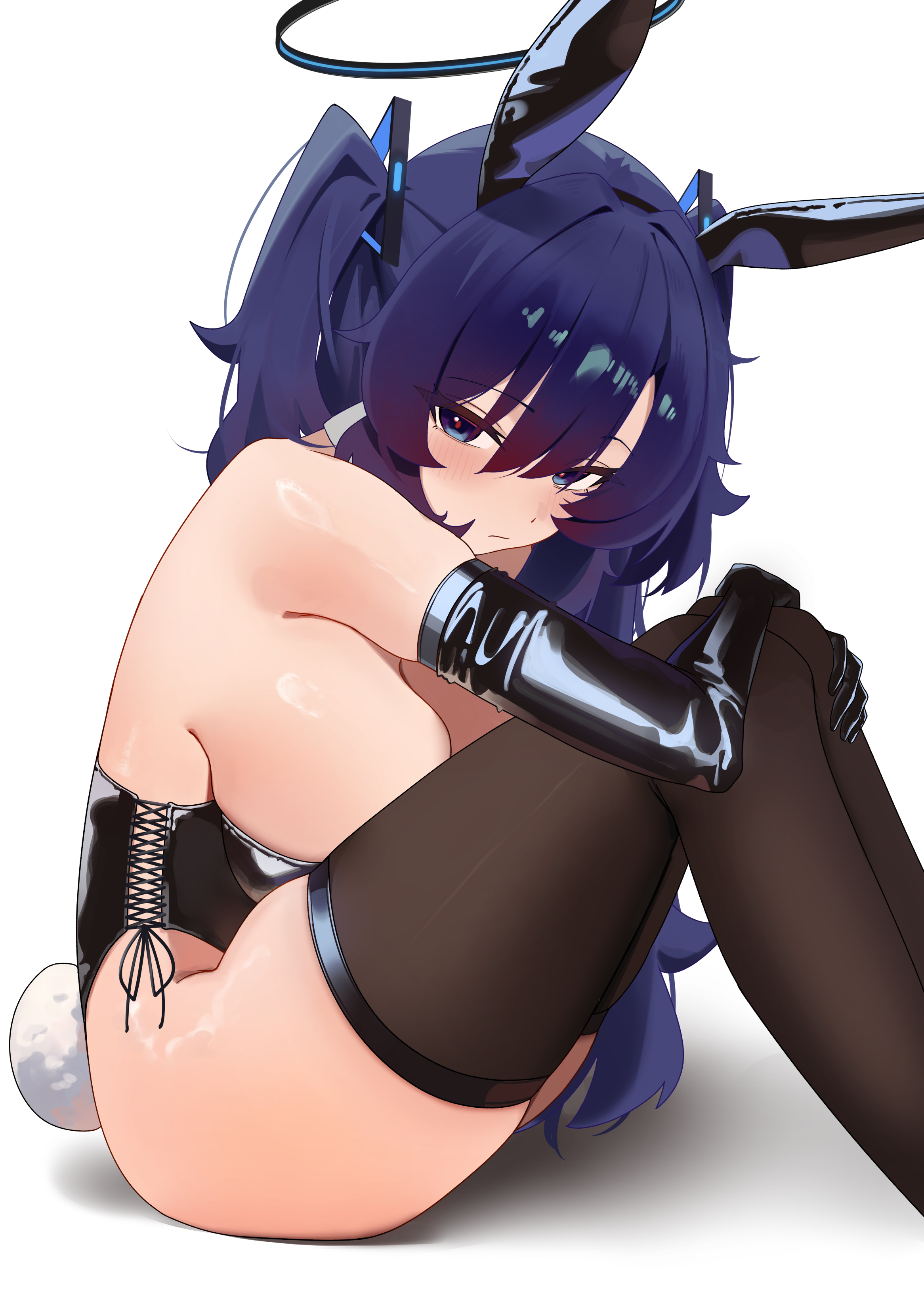 mcbox, yuuka (blue archive), blue archive, absurdres, highres, 1girl, animal ear hairband, animal ears, bare shoulders, black gloves, black leotard, black thighhighs, blue eyes, blue hair, blush, breasts, closed mouth, elbow gloves, fake animal ears, fake tail, gloves, hair between eyes, hair ornament, hairband, knees up, leotard, long hair, looking at viewer, playboy bunny, rabbit ear hairband, rabbit ears, rabbit tail, sideboob, simple background, solo, strapless, strapless leotard, tail, thighhighs, triangle hair ornament, two side up, white background