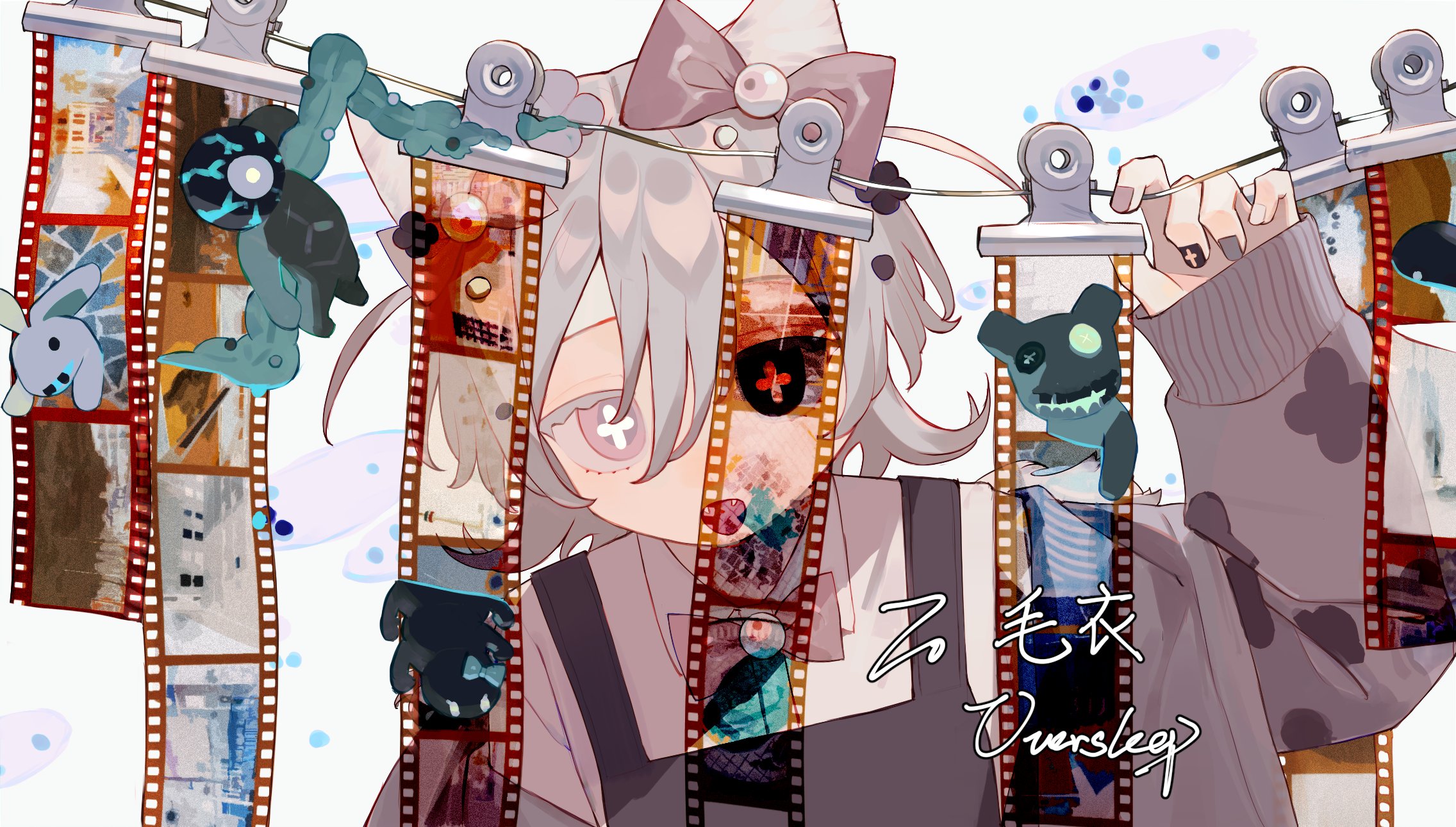 oversleep, original, highres, 1girl, black nails, bow, collared shirt, film strip, grey hair, hair between eyes, hair bow, hand up, hanging, heterochromia, long sleeves, looking at viewer, overall skirt, pink bow, pink eyes, pink shirt, shirt, short hair, sleeves past wrists, solo, string