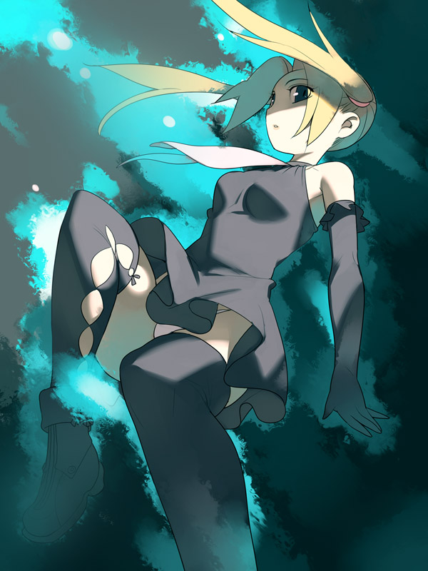 nora higuma, original, black thighhighs, blonde hair, blue eyes, cloud, elbow gloves, gloves, long hair, panties, pantyshot, solo, thighhighs, twintails, underwear