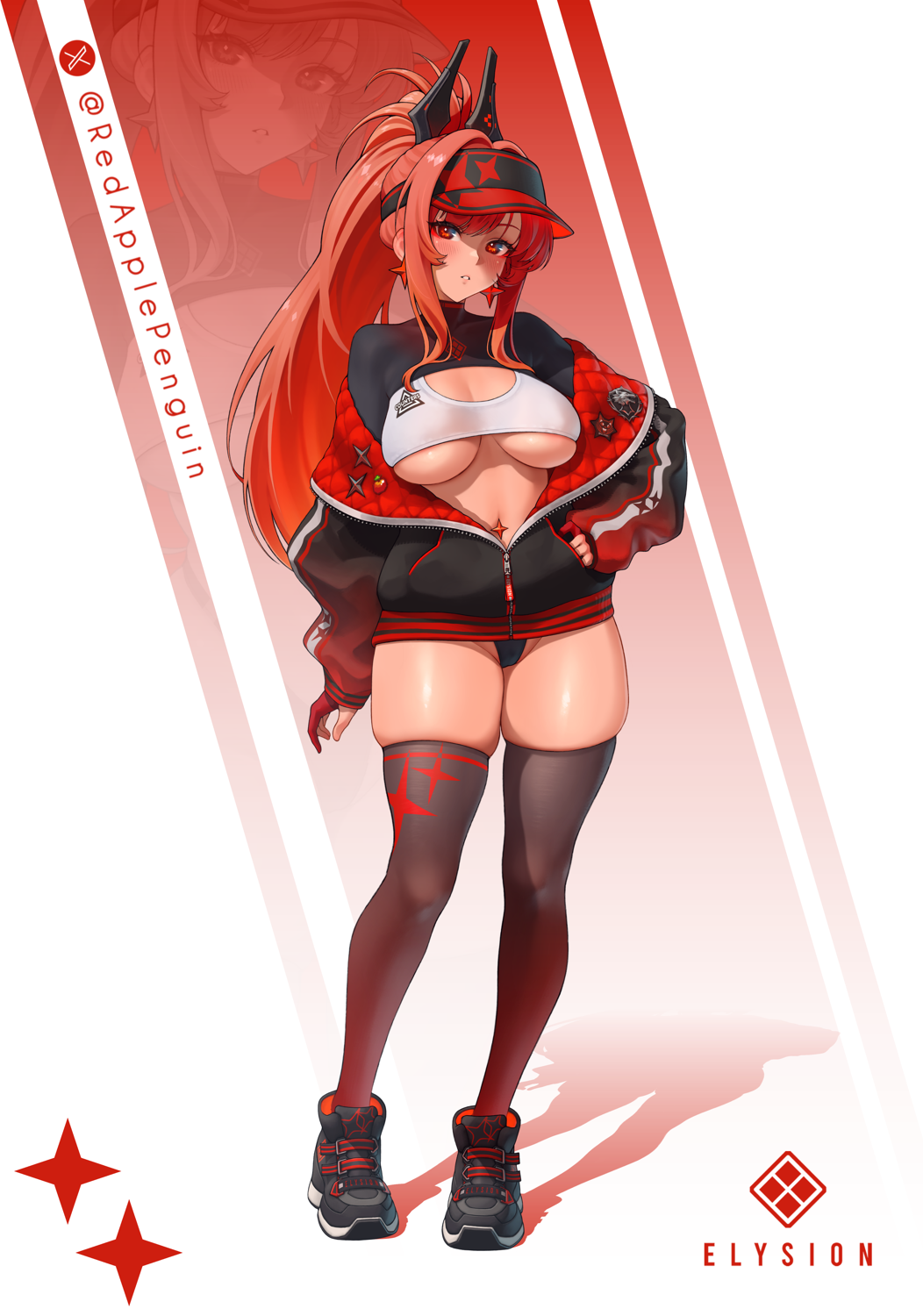 red ringo, rapi (nikke), rapi (red hood) (nikke), goddess of victory: nikke, commentary, english commentary, highres, 1girl, alternate costume, black hat, black jacket, black panties, black shoes, black shrug, black thighhighs, breasts, full body, gloves, hair between eyes, hair ornament, hand on own hip, hat, jacket, large breasts, long hair, long sleeves, looking at viewer, navel, navel piercing, off shoulder, official alternate hair color, official alternate hairstyle, panties, parted lips, partially fingerless gloves, partially unzipped, piercing, red eyes, red gloves, red hair, shadow, shoes, shrug (clothing), sidelocks, skindentation, sneakers, solo, sports bra, standing, stomach, thighhighs, thighs, twitter username, underboob, underwear, visor cap, white sports bra, zipper, zoom layer