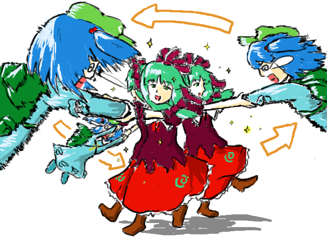 ichizen (watakku), kagiyama hina, kawashiro nitori, touhou, 2girls, @ @, afterimage, arrow (symbol), backpack, bag, blue dress, blue eyes, blue hair, dress, female focus, flat cap, flying, front ponytail, full body, hat, long sleeves, motion lines, multiple girls, red dress, shawl, short hair, simple background, speed lines, standing, surprised, two side up, white background, wince