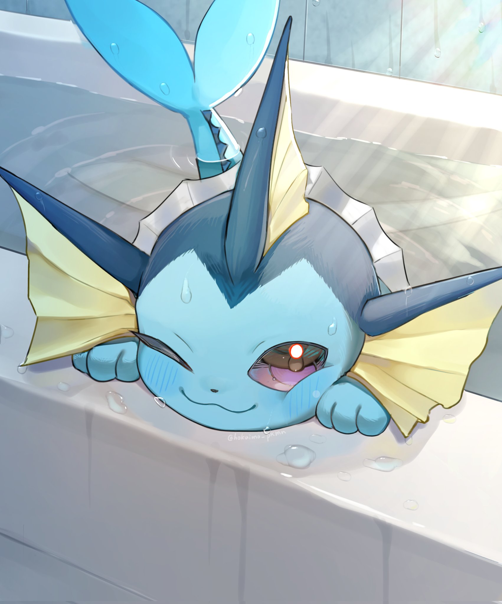 hokaimo pkmn, vaporeon, nintendo, pokemon, commentary request, highres, animal focus, bathtub, blush, closed mouth, gen 1 pokemon, indoors, no humans, one eye closed, pokemon (creature), pokemon focus, purple eyes, smile, solo, sunlight, water, wet