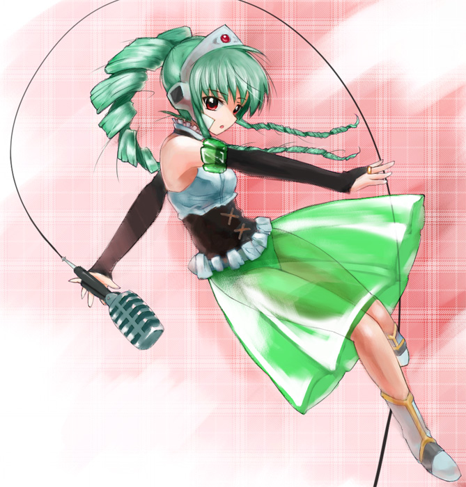 nyama, vanilla h, broccoli (company), galaxy angel, bad id, bad pixiv id, 00s, 1girl, bare shoulders, drill hair, female focus, green hair, high ponytail, long hair, microphone, ponytail, red eyes, see-through clothes, solo