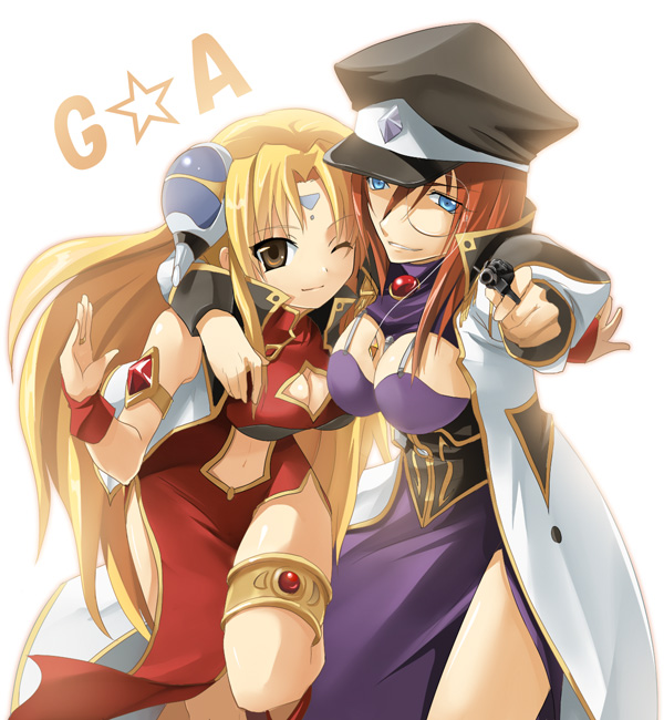 kazuki sanbi, forte stollen, ranpha franboise, broccoli (company), galaxy angel, 00s, 2girls, blonde hair, breasts, cleavage, dress, gun, hat, hug, large breasts, monocle, monocle chain, multiple girls, one eye closed, purple dress, red hair, weapon, wink