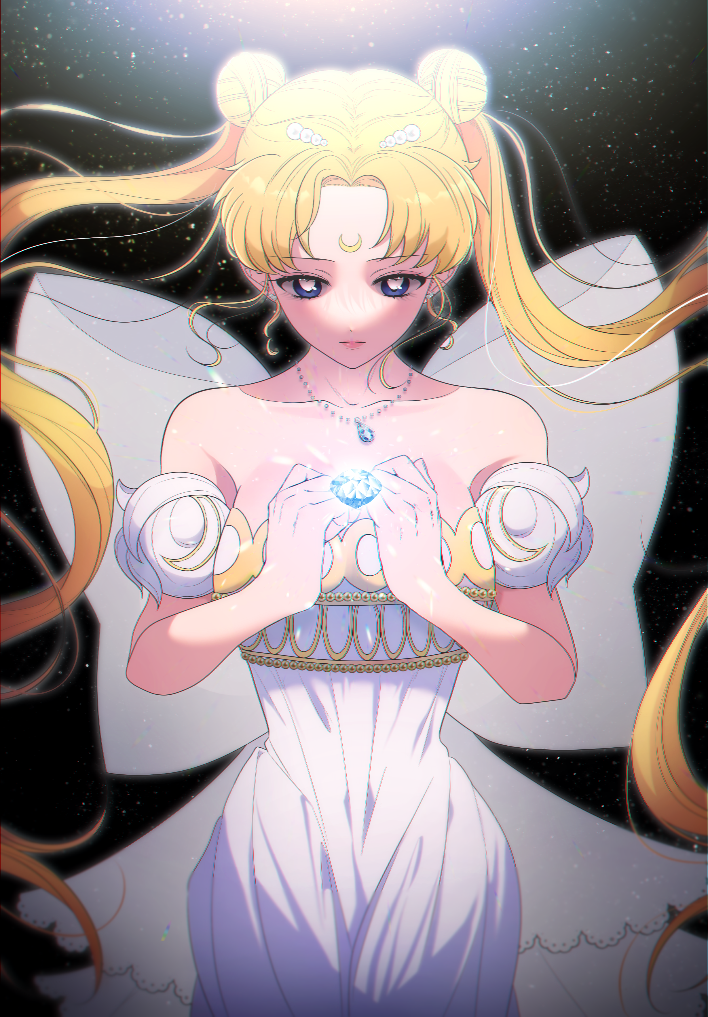 jinhongnabi, princess serenity, tsukino usagi, bishoujo senshi sailor moon, absurdres, highres, 1girl, bare shoulders, blonde hair, breasts, collarbone, crescent, crescent facial mark, double bun, dress, earrings, facial mark, forehead mark, gem, hair bun, hair ornament, jewelry, long hair, maboroshi no ginzuishou, medium breasts, necklace, strapless, strapless dress, twintails, very long hair