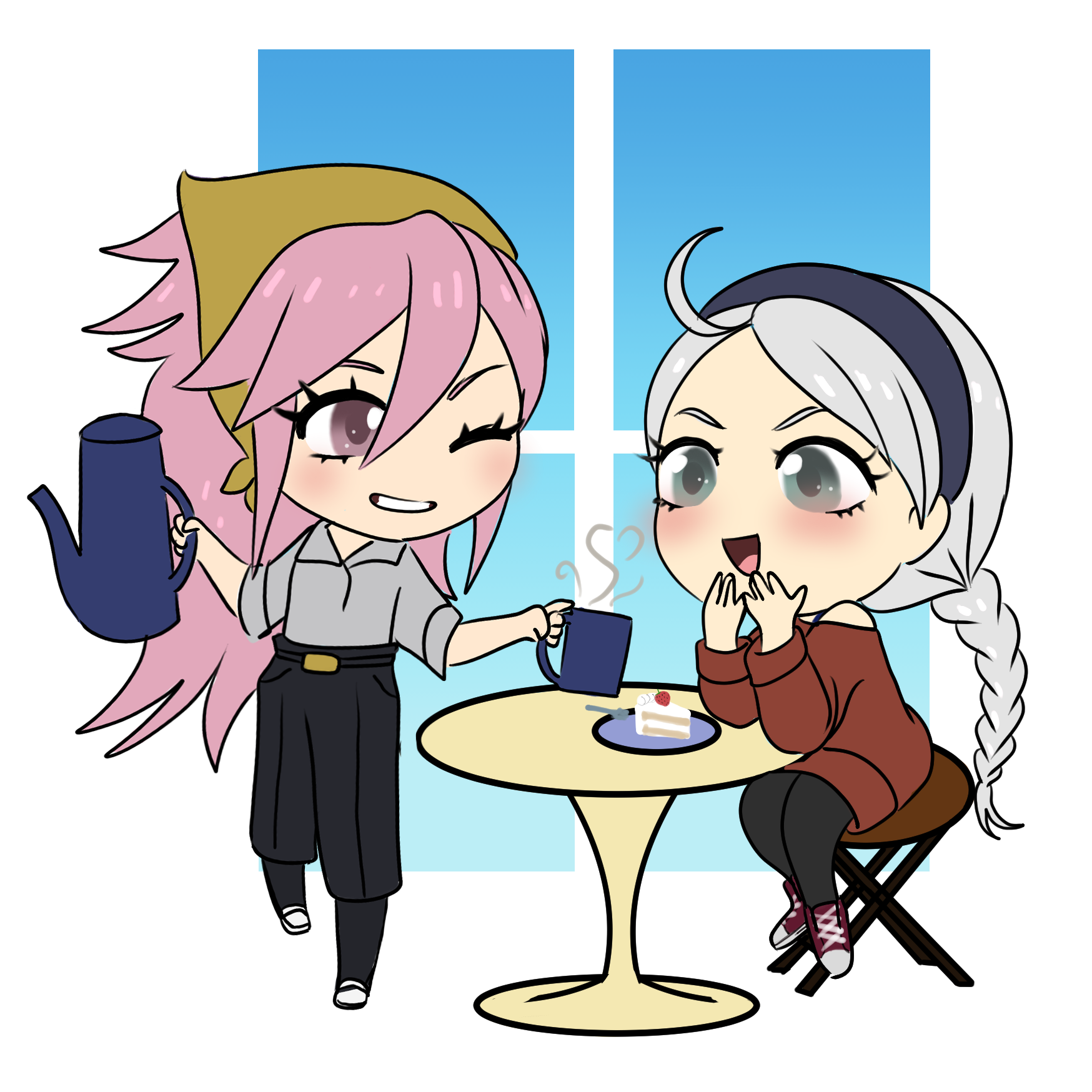 nina (fire emblem), soleil (fire emblem), fire emblem, fire emblem fates, nintendo, highres, 2girls, ahoge, blue eyes, braid, cake, cake slice, contemporary, cup, food, fruit, hairband, holding, holding teapot, long hair, low twin braids, low twintails, multiple girls, open mouth, pantyhose, parted bangs, pink hair, strawberry, teacup, teapot, tori-rae-art, twin braids, twintails, white hair