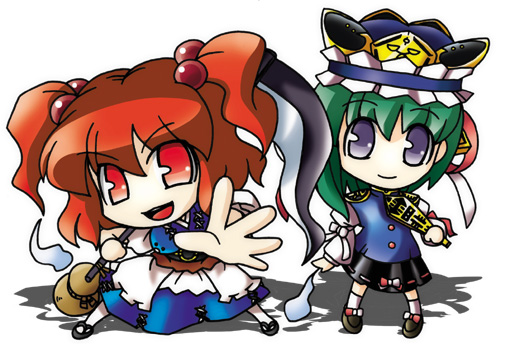 nekoyu, onozuka komachi, shiki eiki, touhou, bad id, bad pixiv id, 2girls, chibi, female focus, full body, ghost, green hair, hat, multiple girls, red hair, rod of remorse, scythe, simple background, standing, white background