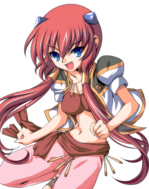 ka2, anise azeat, broccoli (company), galaxy angel, galaxy angel rune, uniform, 00s, 1girl, blue eyes, breasts, female focus, jewelry, large breasts, long hair, looking at viewer, midriff, navel, necklace, red hair, sash, simple background, solo, twintails, very long hair, white background