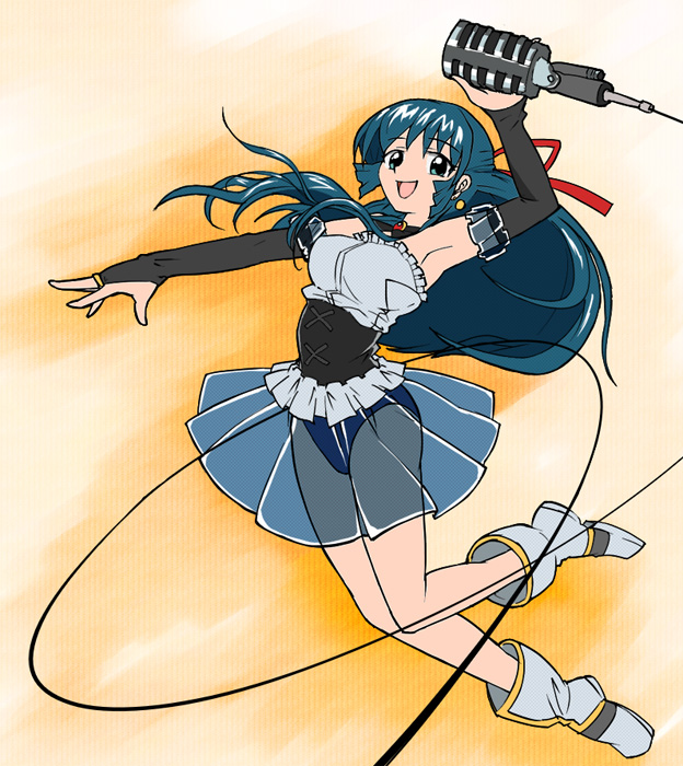 nyama, karasuma chitose, broccoli (company), galaxy angel, bad id, bad pixiv id, 00s, 1girl, blue hair, boots, earrings, elbow gloves, female focus, gloves, half updo, jewelry, long hair, microphone, ribbon, see-through clothes, smile, solo, vintage microphone