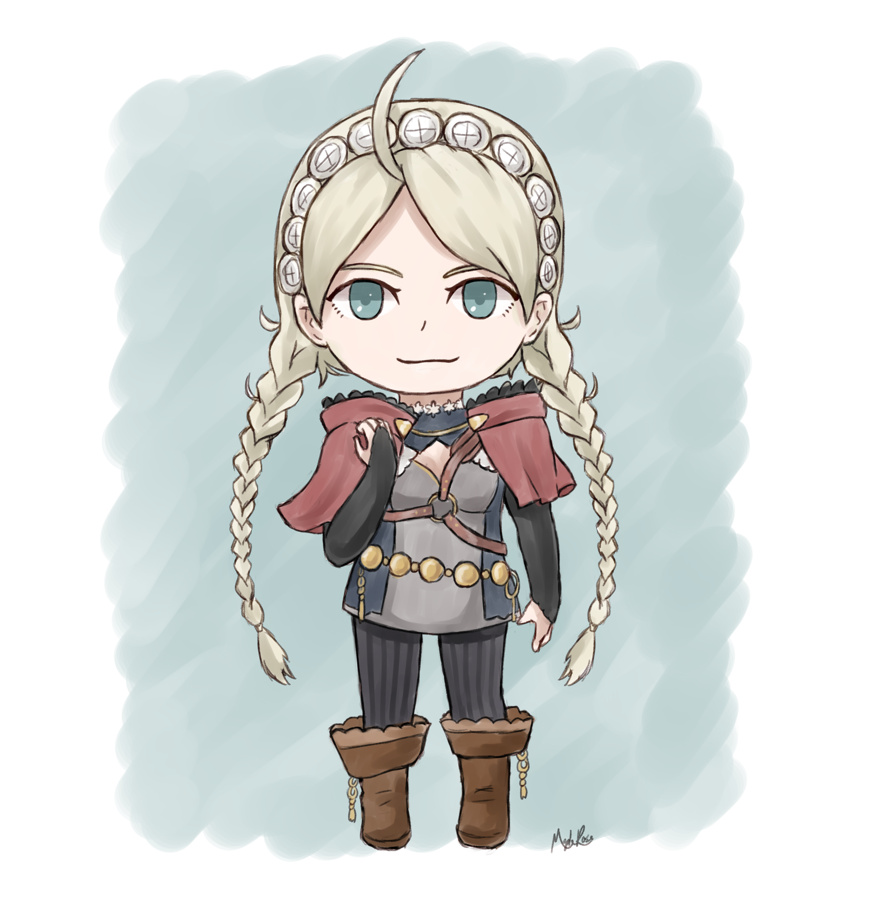 maple-rose, nina (fire emblem), fire emblem, fire emblem fates, nintendo, absurdres, highres, 1girl, ahoge, blue eyes, braid, capelet, chibi, hairband, harness, hood, hooded capelet, long hair, looking at viewer, low twin braids, low twintails, o-ring, o-ring harness, parted bangs, red hood, solo, twin braids, twintails, white hair