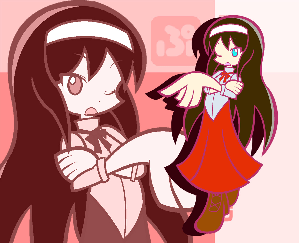 dokuro (pixiv), ikasui (okakenn1224), tohno akiha, madou monogatari, puyopuyo, puyopuyo fever, tsukihime, 1girl, ;o, blue eyes, boots, bow, bowtie, brown hair, female focus, full body, hairband, hand on own arm, lace-up boots, long hair, long skirt, looking at viewer, no pupils, one eye closed, open mouth, outline, parody, pink outline, pointing, red bow, red bowtie, red skirt, skirt, solo, style parody, tsurime, upper body, very long hair, walking, white hairband, zoom layer