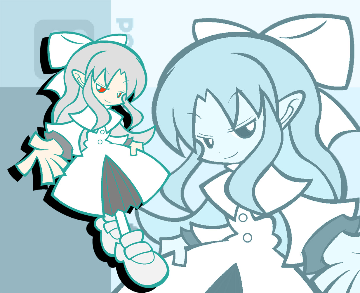 dokuro (pixiv), ikasui (okakenn1224), white len (tsukihime), madou monogatari, melty blood, puyopuyo, puyopuyo fever, tsukihime, type-moon, 1girl, dress, female focus, long hair, parody, pointy ears, red eyes, ribbon, smile, solo, style parody, white hair, zoom layer