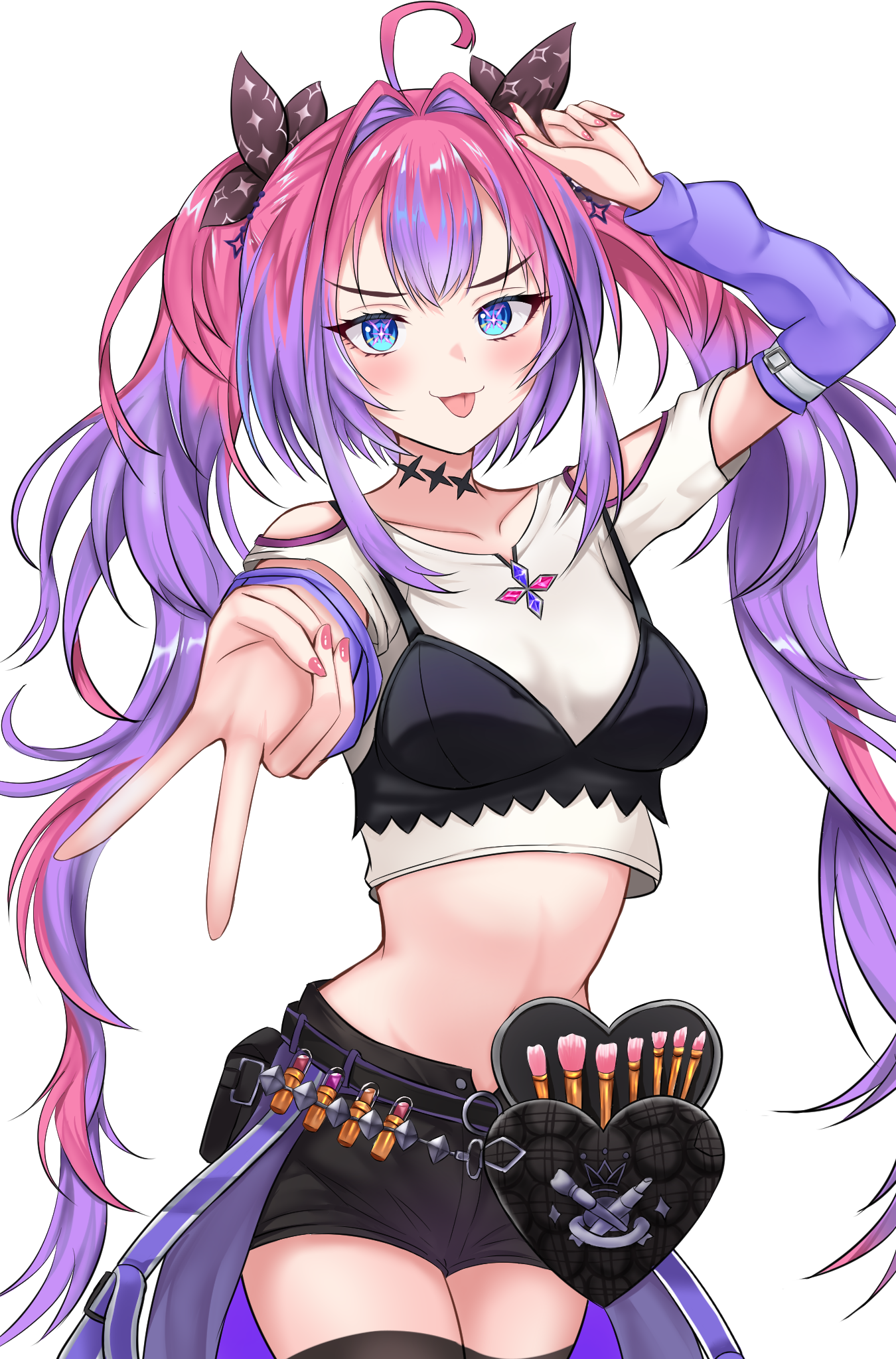 arlonn, kikirara vivi, hololive, commentary request, highres, 1girl, ahoge, black bra, black shorts, blue eyes, blush, bra, bra over clothes, cosmetics, crop top, eyelashes, hair intakes, hair ribbon, lipstick tube, long hair, makeup brush, midriff, multicolored hair, nail polish, pink hair, pink nails, purple hair, ribbon, shirt, short shorts, short sleeves, shorts, simple background, smile, solo, tongue, tongue out, two-tone hair, underwear, v, very long hair, virtual youtuber, white background, white shirt