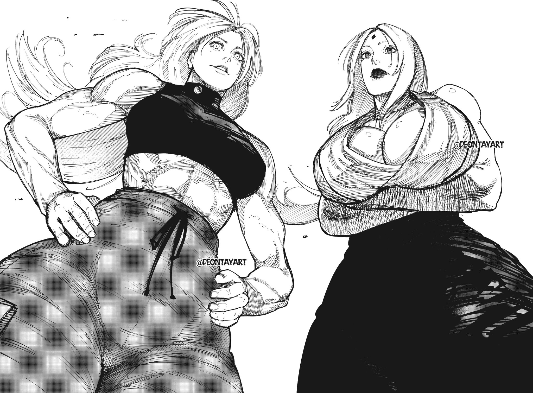 deontayart, tsukumo yuki, tsunade (naruto), jujutsu kaisen, naruto (classic), naruto (series), hashtag-only commentary, highres, 2girls, abs, alternate muscle size, arms under breasts, artist name, biceps, breasts, cleavage, crossed arms, facial mark, forehead mark, hands on own hips, high-waist pants, huge breasts, japanese clothes, lips, long hair, mature female, monochrome, multiple girls, muscular, muscular female, pants, standing