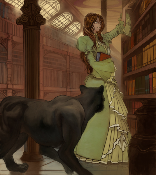 lack, black panther, light, 1girl, animal, book, brown hair, dress, female focus, green eyes, library, panther, shelf, smile, solo, window