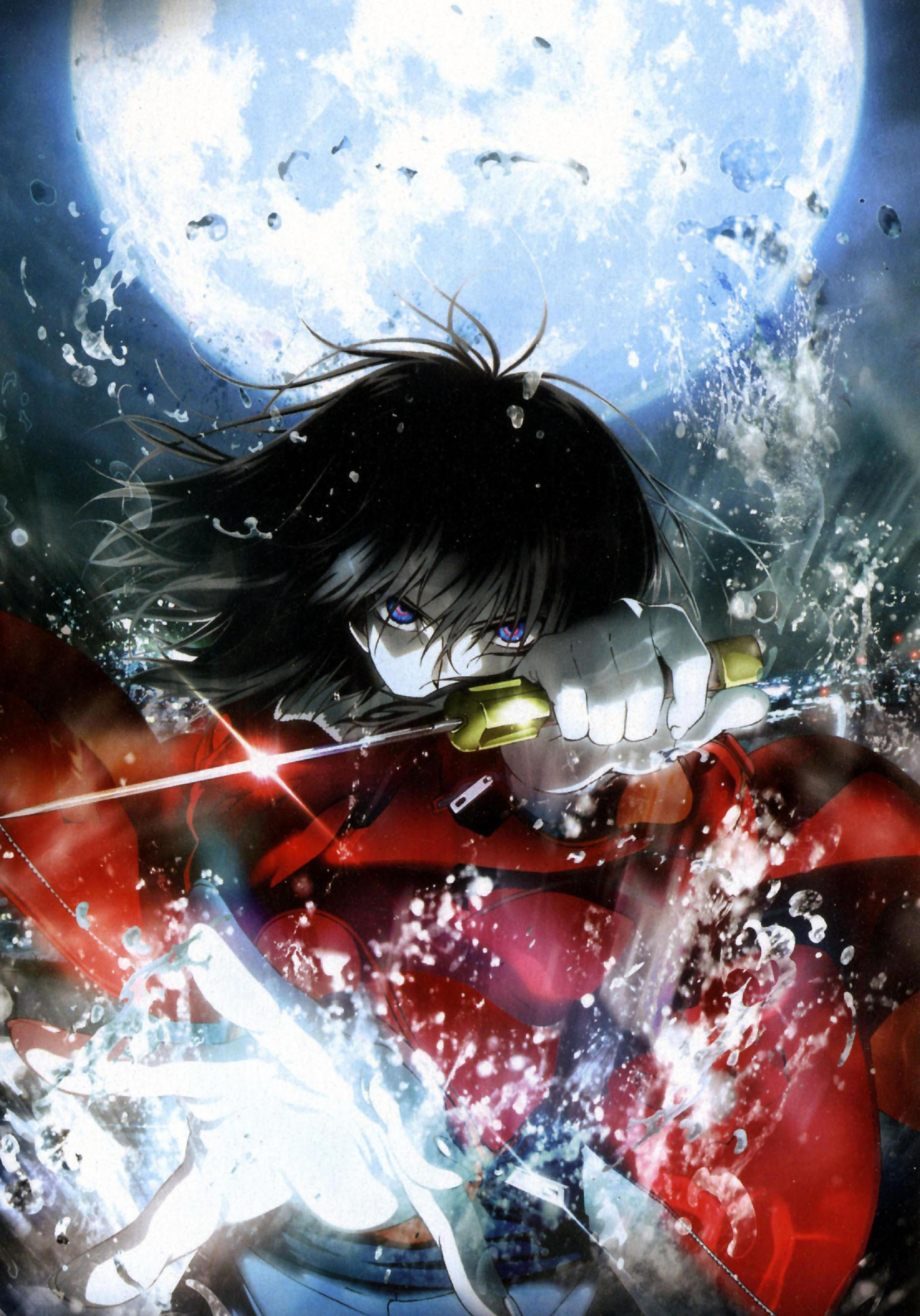 ryougi shiki, kara no kyoukai, absurdres, highres, official art, 1girl, black hair, blue eyes, epic, female focus, full moon, jacket, japanese clothes, kimono, knife, moon, multicolored eyes, purple eyes, red jacket, reverse grip, short hair, solo