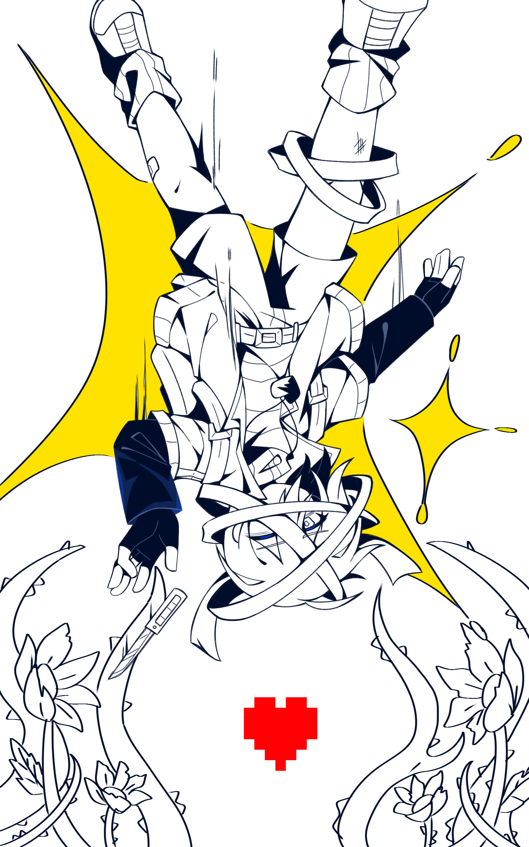 frisk (undertale), soul (deltarune), undertale, utdr (toby fox), absurdres, chinese commentary, commentary request, highres, 1other, alternate universe, ankle boots, ankle socks, bandaged head, bandages, bandaid, bandaid on leg, belt, boots, boxcutter, covered mouth, double-parted bangs, fingerless gloves, flower, full body, gloves, hair between eyes, hand up, heart, jacket, layered sleeves, long sleeves, looking at viewer, loose socks, one eye closed, open clothes, open jacket, other focus, partially colored, plant, ribbed socks, shirt, short-sleeved jacket, short hair, short over long sleeves, short sleeves, shorts, simple background, socks, solo, sparkle, striped clothes, striped shirt, thorns, upside-down, vines, white background, xinjinjumin831306571458
