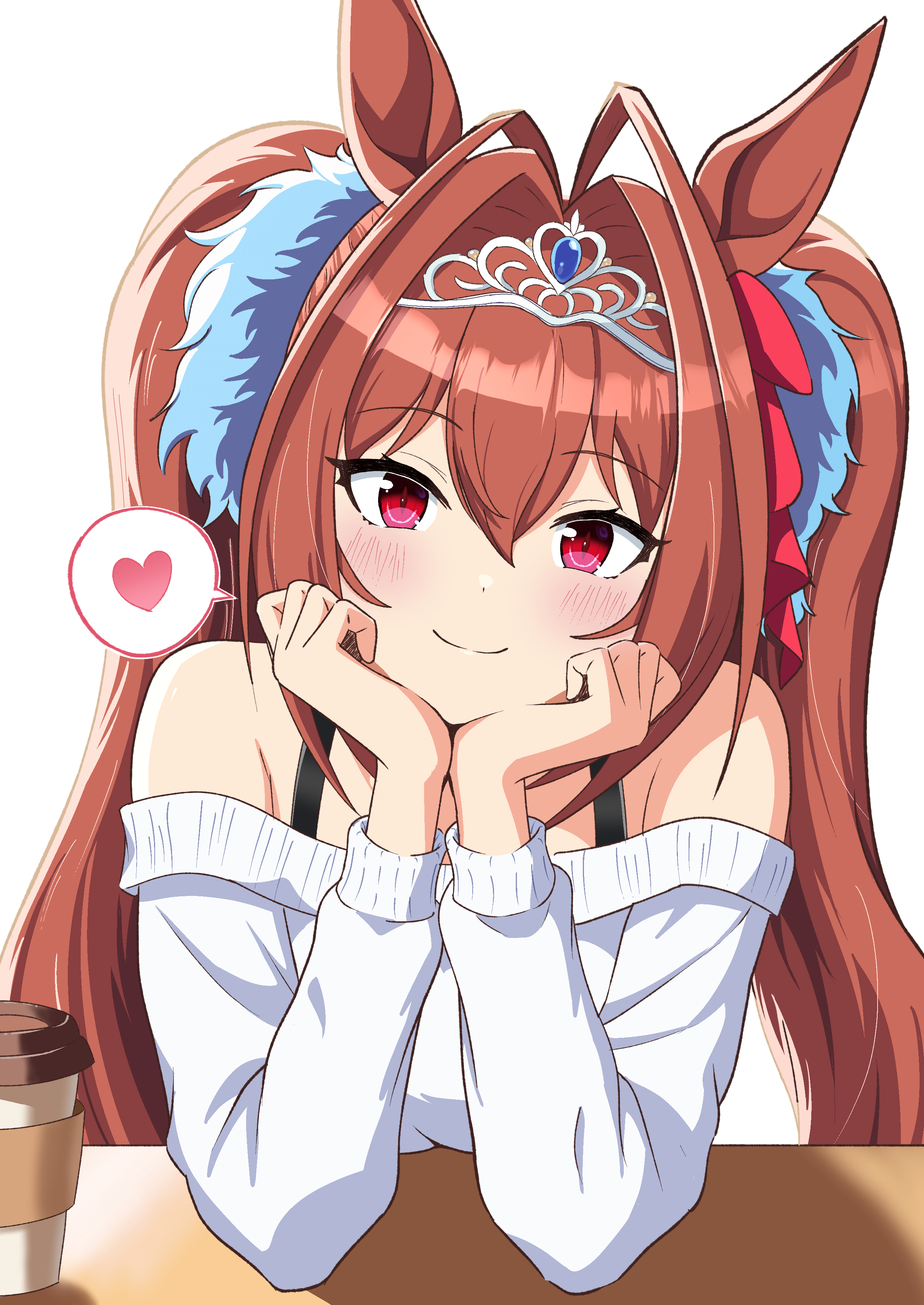 ryoga kk, daiwa scarlet (umamusume), umamusume, absurdres, commentary, highres, 1girl, alternate costume, animal ears, bare shoulders, blush, breasts, brown hair, closed mouth, cup, disposable coffee cup, disposable cup, hair between eyes, hair intakes, hair ornament, head rest, heart, horse ears, horse girl, long hair, looking at viewer, off-shoulder sweater, off shoulder, red eyes, smile, solo, sweater, tiara, twintails, upper body, very long hair, white background, white sweater