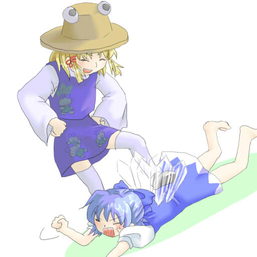 tiida3, cirno, moriya suwako, touhou, bad id, bad pixiv id, 2girls, blonde hair, blue hair, female focus, hat, multiple girls, ribbon, short hair, thighhighs, wings