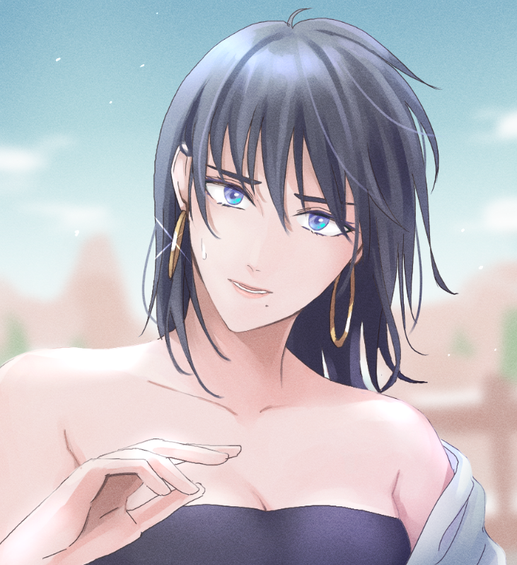 over wassyoi, shante (arc the lad), arc the lad, arc the lad ii, 1girl, bare shoulders, blue hair, breasts, collarbone, dress, earrings, jewelry, long hair, looking at viewer, mole, mole under mouth, open mouth, solo, sparkle, sweatdrop