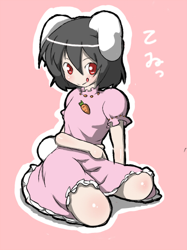 pura, inaba tewi, touhou, bad id, bad pixiv id, 1girl, :p, animal ears, black hair, female focus, hair between eyes, outline, pink background, rabbit ears, rabbit girl, rabbit tail, short hair, simple background, sitting, solo, tail, tongue, tongue out, white outline