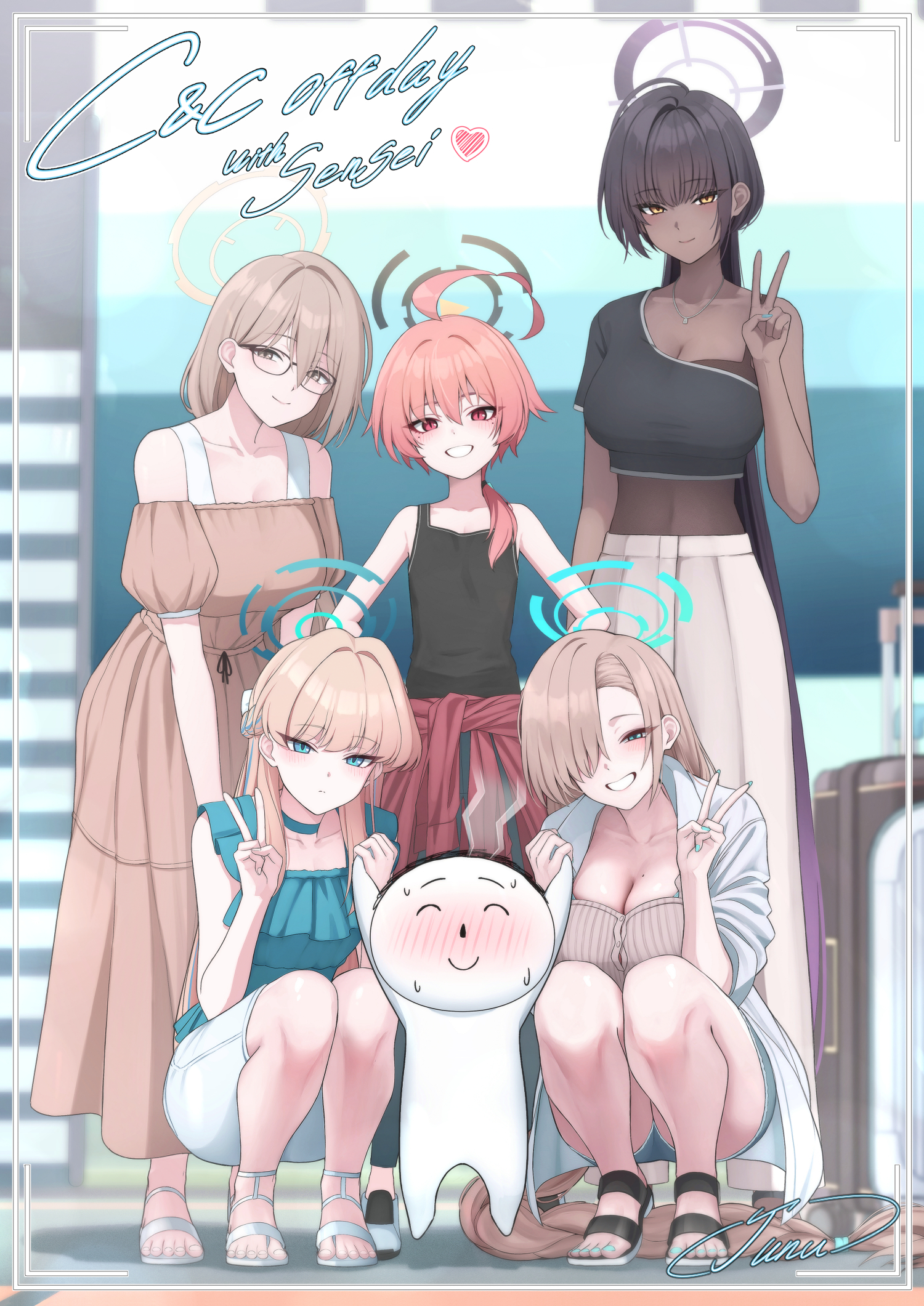junu (jwoo5627), akane (blue archive), asuna (blue archive), doodle sensei (blue archive), karin (blue archive), neru (blue archive), sensei (blue archive), toki (blue archive), blue archive, highres, 1girl, 5girls, ahoge, alternate costume, alternate hairstyle, bag, bare arms, bare shoulders, black bag, black hair, black halo, black sandals, black shirt, black tank top, blonde hair, blue eyes, blue halo, blue streaks, blush, breasts, brown bag, brown camisole, brown dress, brown eyes, brown hair, brown tank top, camisole, carrying, carrying person, casual, cleaning & clearing (blue archive), cleavage, closed mouth, clothes around waist, collarbone, dark-skinned female, dark skin, denim, denim shorts, double v, dress, flat chest, full body, glasses, gradient hair, grey pants, grin, hair behind ear, hair between eyes, hair over one eye, hair over shoulder, halo, huge ahoge, jacket, jacket around waist, jewelry, large breasts, long braid, long hair, looking at viewer, low ponytail, mole, mole on breast, multicolored hair, multiple girls, necklace, off-shoulder dress, off shoulder, pants, ponytail, purple hair, red eyes, red hair, red jacket, rolling suitcase, sandals, shirt, shoes, short sleeves, shorts, single bare shoulder, sleeveless, sleeveless shirt, smile, sneakers, squatting, standing, suitcase, sunglasses, tank top, teeth, toes, v, very long hair, white jacket, white pants, white sandals, white shoes, white shorts, yellow halo