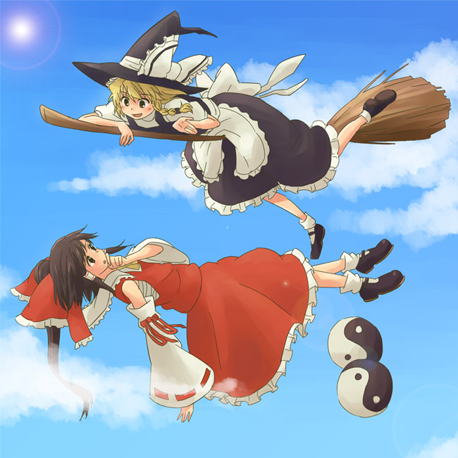 kannari, hakurei reimu, kirisame marisa, touhou, 2girls, blonde hair, broom, broom riding, female focus, flying, full body, hat, long hair, multiple girls, outdoors, ribbon, sarashi, skirt, sky