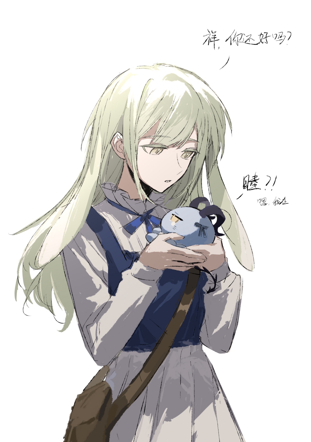 baiyubyy, togawa sakiko, wakaba mutsumi, bang dream!, bang dream! it's mygo!!!!!, commentary, highres, symbol-only commentary, translation request, 1girl, animal, animal ears, animalization, black horns, blonde hair, blue ribbon, blue shirt, brown bag, chinese text, cowboy shot, dress, expressionless, floppy ears, hands up, holding, holding animal, horns, long hair, long sleeves, neck ribbon, octopus, rabbit ears, rabbit girl, ribbon, shirt, sidelocks, simple background, solo, standing, togawa sakiko (master of melodia), wakaba mutsumi (marionette's id), white background, white dress, yellow eyes