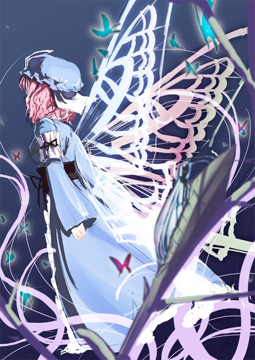 gotyou, saigyouji yuyuko, touhou, bad id, bad pixiv id, 1girl, bug, butterfly, butterfly wings, female focus, from behind, hat, insect, insect wings, japanese clothes, pink hair, short hair, solo, wings