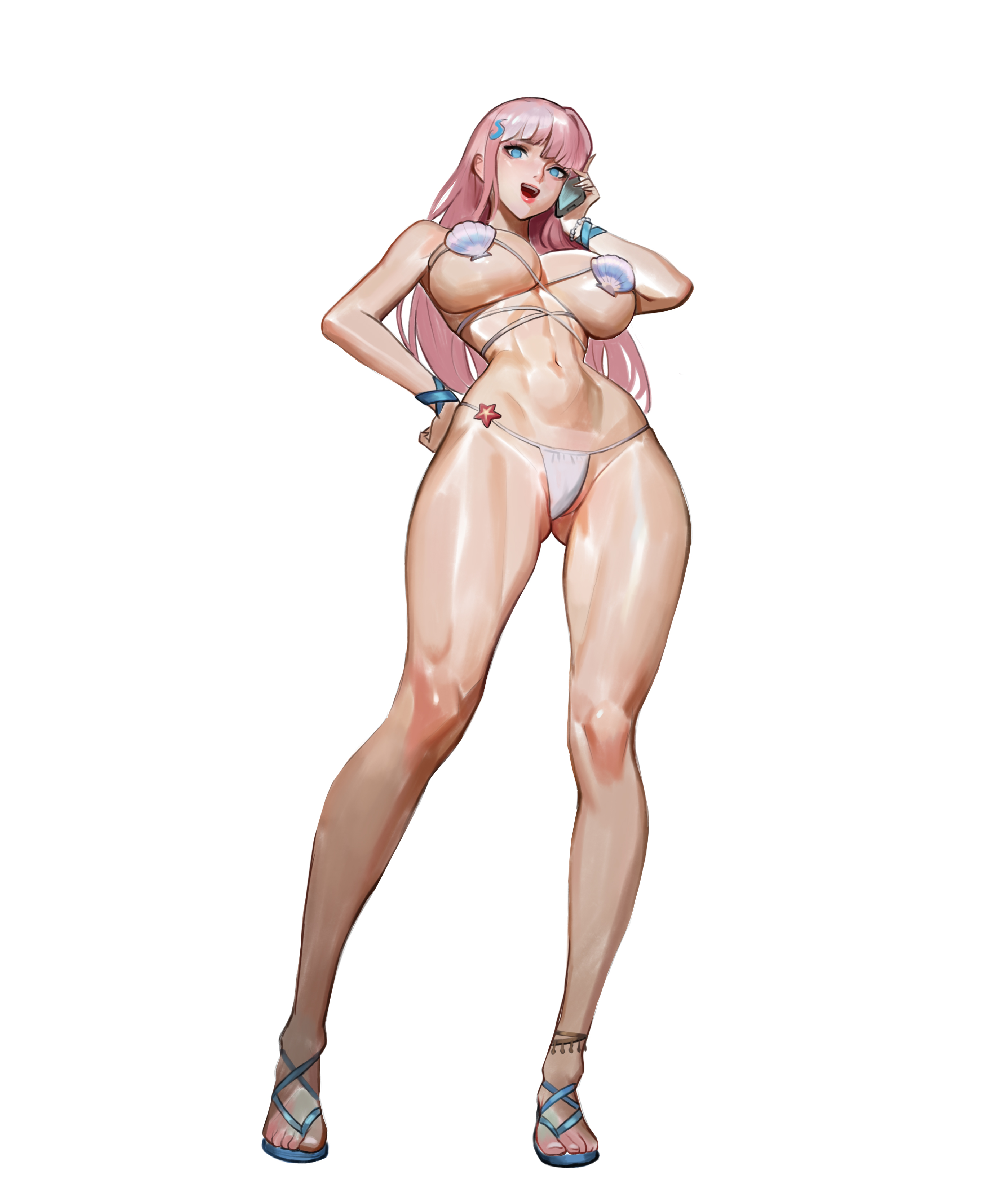 znor, sylvia (brown dust), brown dust (series), brown dust 2, absurdres, highres, 1girl, abs, ass, bikini, blue eyes, blue sandals, bracelet, breasts, cleavage, eyebrows hidden by hair, from below, full body, hand on own hip, holding, holding phone, jewelry, large breasts, lipstick, long hair, looking at viewer, makeup, navel, open mouth, phone, pink hair, sandals, shell, shell bikini, simple background, smile, solo, stomach, swimsuit, tan, tanline, teeth, toes, underboob, white background