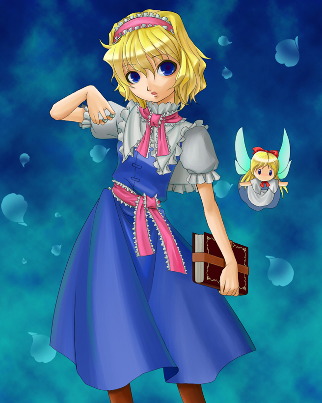shun gatarou, alice margatroid, shanghai doll, touhou, bad id, bad pixiv id, 1girl, blonde hair, blue background, blue eyes, female focus, short hair, solo