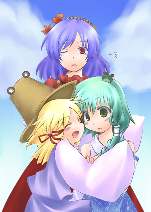 miyako rine, miyaline, kochiya sanae, moriya suwako, yasaka kanako, touhou, 3girls, blonde hair, blue hair, female focus, green hair, hair ornament, hat, leaf hair ornament, long hair, multiple girls, ribbon, short hair