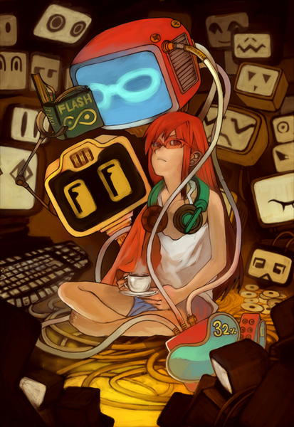 lack, edward wong hau pepelu tivrusky iv, cowboy bebop, 1990s (style), 1girl, aged up, book, cable, computer, computer keyboard, cup, female focus, glasses, headphones, headphones around neck, keyboard, open book, orange hair, reading, retro artstyle, robot, saucer, screen, solo, wire