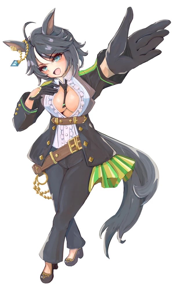 iko (saikoro k0702), fuji kiseki (umamusume), umamusume, 1girl, ahoge, animal ears, between breasts, black gloves, black hair, black jacket, black necktie, black pants, blue eyes, blush, breasts, center frills, center opening, collared shirt, ear ornament, ear piercing, frilled shirt, frills, fuji kiseki (shooting star revue) (umamusume), gloves, hair between eyes, horse ears, horse girl, horse tail, jacket, large breasts, long sleeves, looking at viewer, multicolored hair, necktie, necktie between breasts, no bra, open clothes, open jacket, open mouth, pants, piercing, shirt, short hair, simple background, smile, solo, tail, white background, white hair, white shirt
