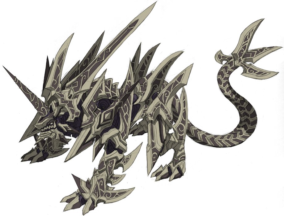 shiratama dango, original, bad id, bad pixiv id, source request, armor, claws, fangs, full body, horns, monster, monster focus, no humans, simple background, single horn, solo, spikes, tail