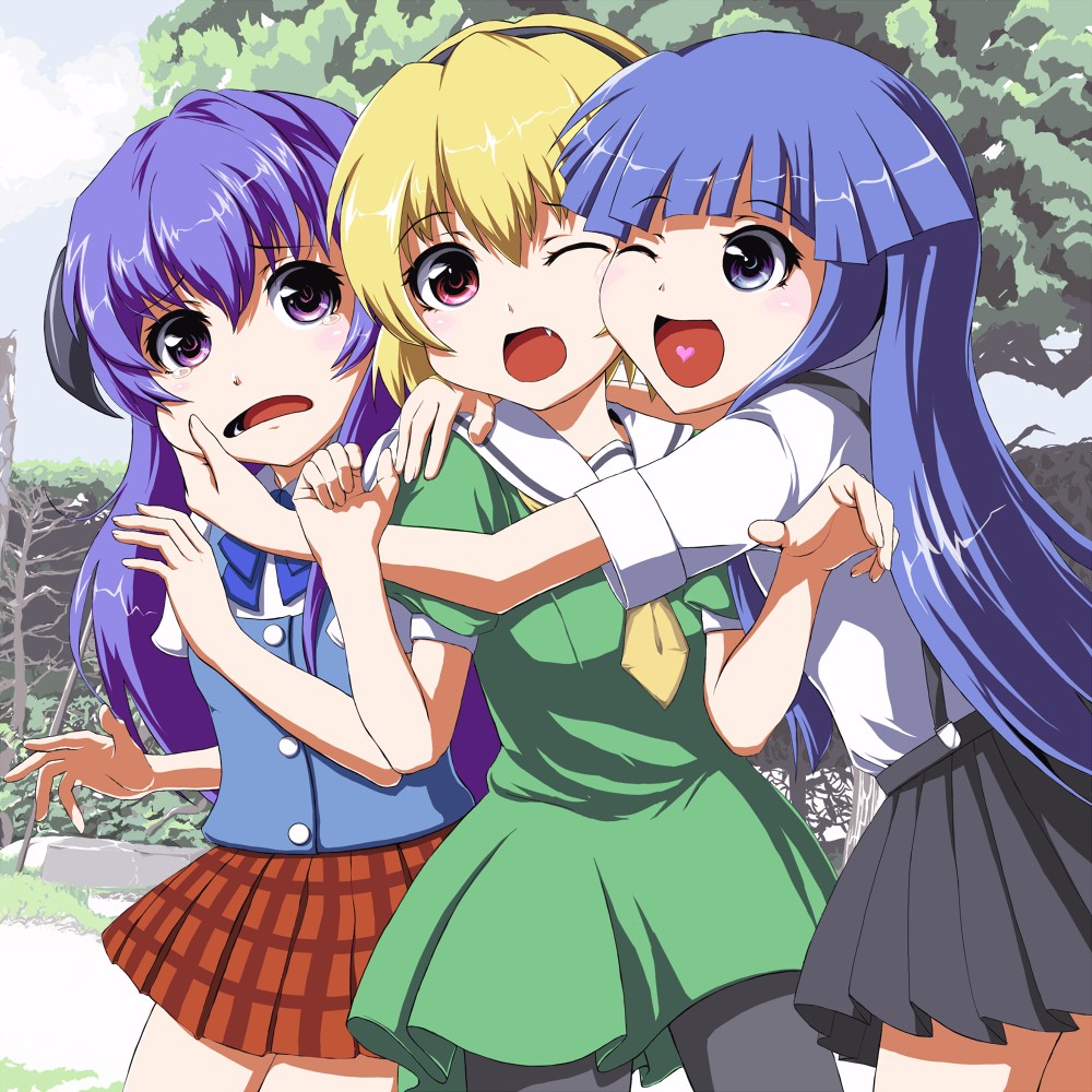fuji hyorone, furude rika, hanyuu, houjou satoko, higurashi no naku koro ni, bad id, bad pixiv id, 00s, 3girls, blonde hair, blue eyes, blue hair, cheek pinching, green skirt, heart, heart in mouth, hug, long hair, multiple girls, one eye closed, pantyhose, pinching, purple eyes, purple hair, red eyes, school uniform, serafuku, short hair, skirt, wink